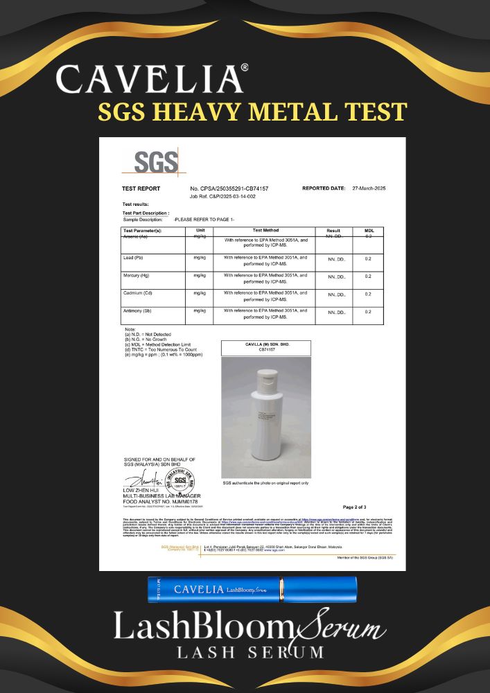 Cavelia Lash Bloom Serum Heavy Metal Test